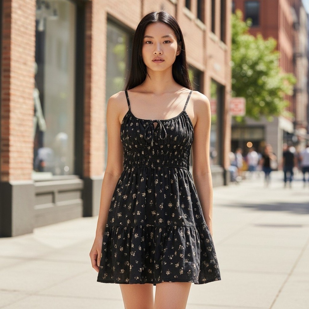 Cotton On Mini Dress Women 8 Black Floral Linen Blend Smocked Cottagecore Boho